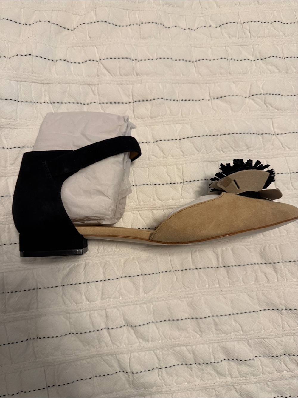 J. Crew Two-Tone Pointed Toe Flat with Pom Pom - Gold and Black - Picture 3 of 5